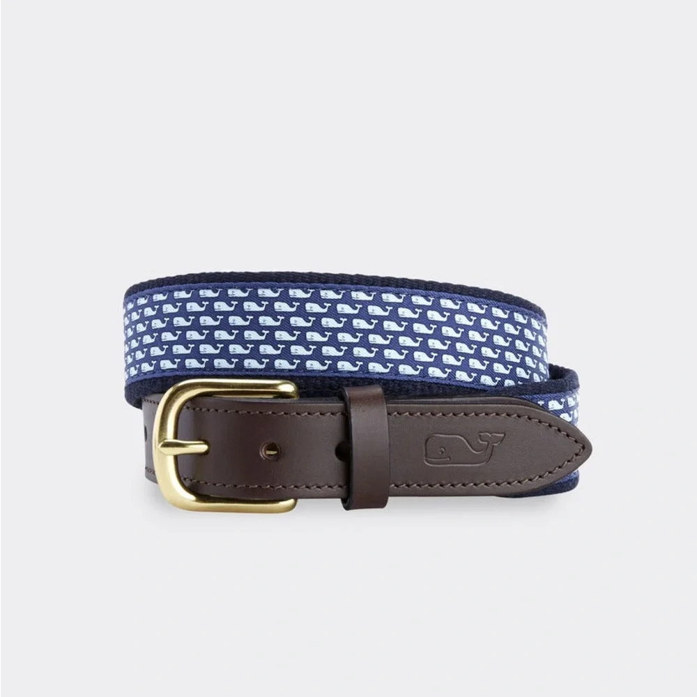 Vineyard Vines Boys Navy Whale Print Belt with Brown Leather & Gold Buckle NWOT